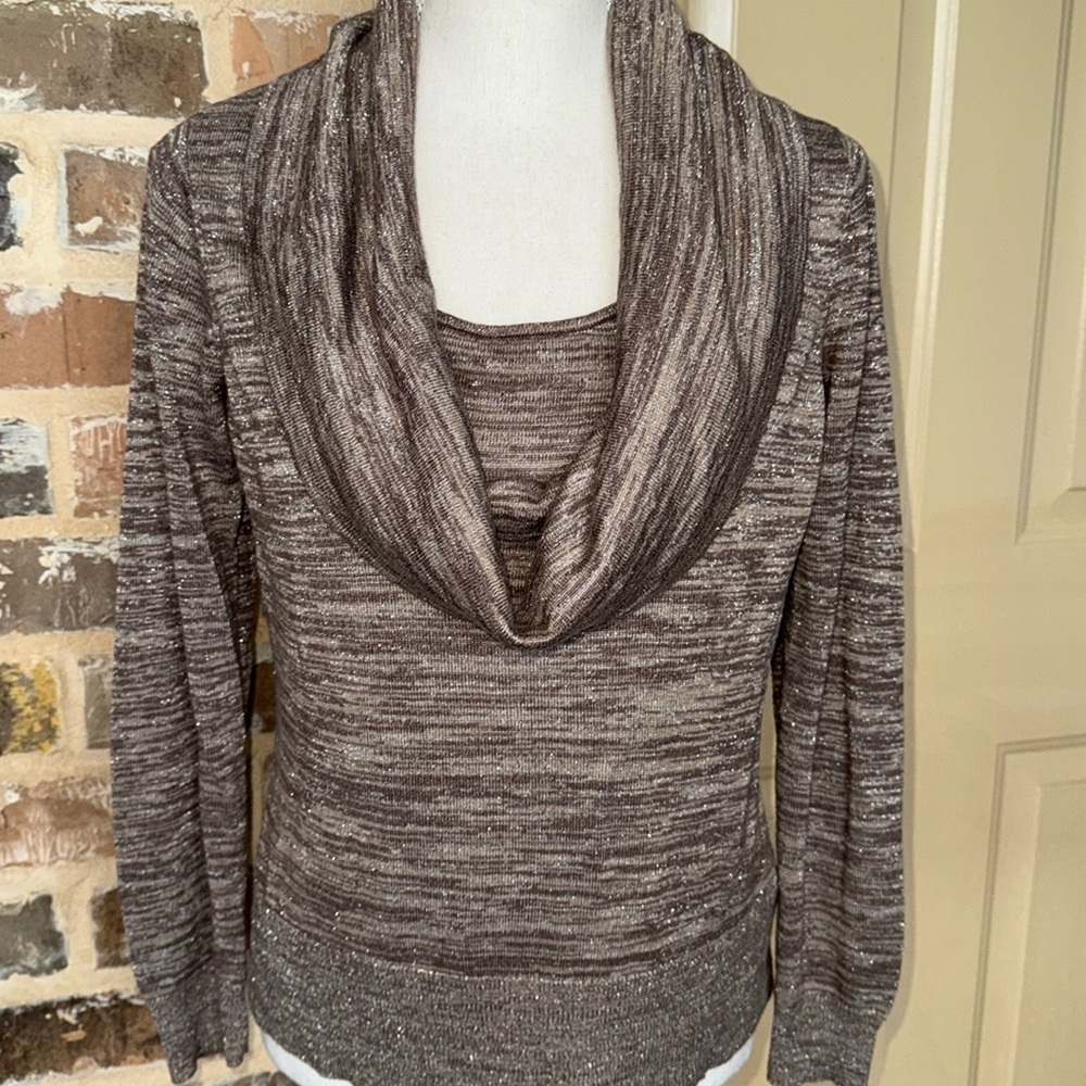 Liz Claiborne Striped Glitter Long Sleeve Cowl Neck Sweater Marled Brown Size S
